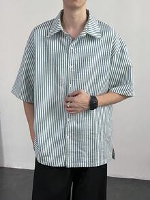Claim Dot Men's Striped Short Sleeve Casual Loose Button-Down Shirt