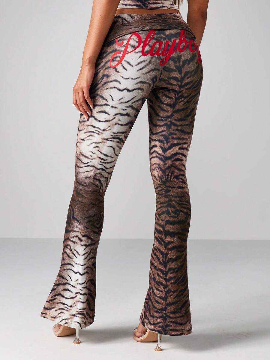 Missguided x Playboy Quần ống loe họa tiết hổ cạp cao thời trang Y2K cạp gập quần ống loe họa tiết động vật thu đông - Nhiều màu - Xem 1