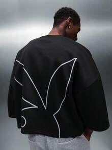 PLAYBOY X SUMWON Sudadera ancha de manga caída con hombros caídos con patrón de línea minimalista, diseño urbano de moda casual de invierno con ajuste boxy - Negro - Ver 1