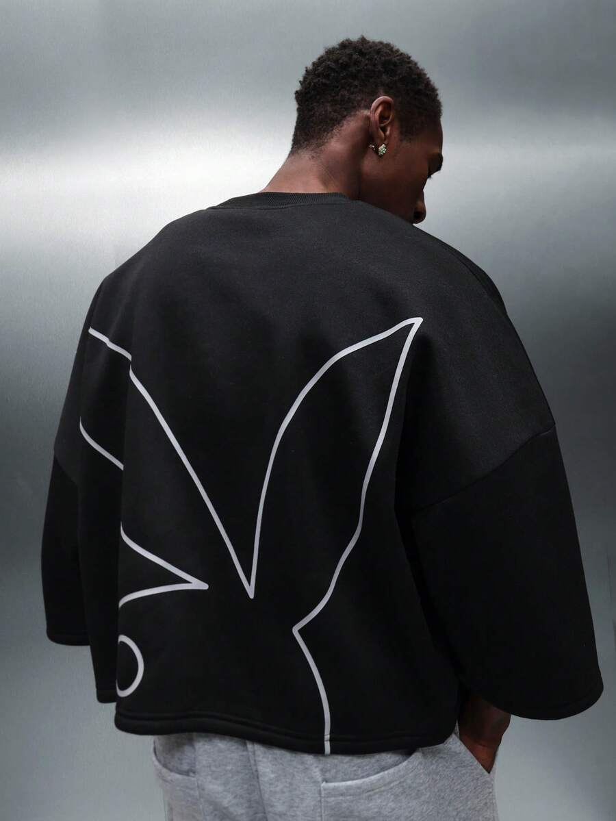 PLAYBOY X SUMWON Sudadera ancha de manga caída con hombros caídos con patrón de línea minimalista, diseño urbano de moda casual de invierno con ajuste boxy - Negro - Ver 1
