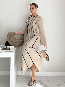 Siren Gaze 秋冬新款女士束腰拼色A字长袖连衣裙 - 杏色 - 查看 1