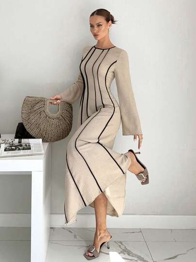 Siren Gaze New Autumn And Winter Contrast Color Linen Waist A-Line Dress For Women, Fashionable And Elegant Long Dress Evening Dress Spring