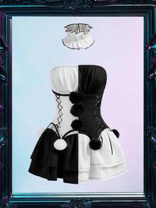 3pcs Halloween Black & White Patchwork Furball Costume Dress Set - Black and White - View 6