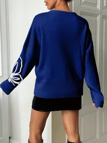 EURMUSE Women's Fashion Casual Embroidered Color Block Crew Neck Sweater,Jumper,Cream Jumper,Jumpers,Black Jumper,Women's Jumper,White Jumper,Women's Jumper,Women's Jumpers,Winter Clothes - Blue - View 2