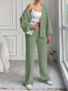 SHEIN Set da donna composto da cardigan a maniche a lanterna e pantaloni lavorati a maglia, colore unico
