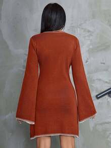 EURMUSE Women Color Block Sweater Dress With Striped Edges,Petite - Chocolate Brown - View 2