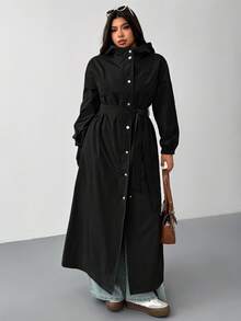 SHEIN EZwear Plus Size Hooded Water-Resistant Long Windbreaker, Autumn/Winter - Black - View 3