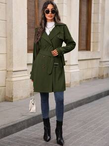 EMERY ROSE Women's Solid Color Lapel NeckLong Sleeve Double-Breasted Casual Commuter Trench Coat, Autumn - Army Green - View 5