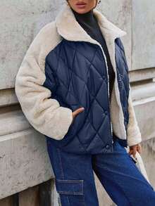 SHEIN Padded Jacket With Fur Collar And Patchwork, Two Pockets At Front, Snap Buttons, Quilting Details - Navy Blue - View 5