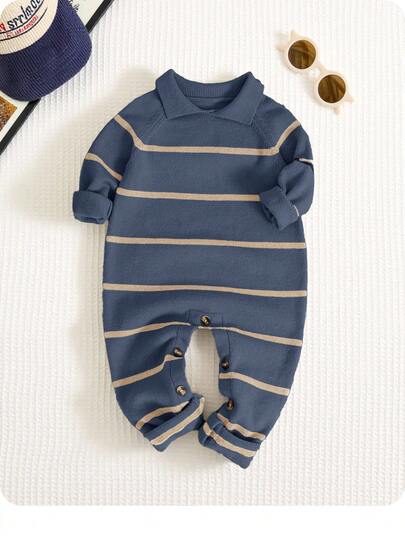 SHEIN New Born Baby Boy/Girl Striped Fashionable Polo Collar Long Sleeve Romper Sweater, Suitable For Autumn/Winter, Kindergarten Kids