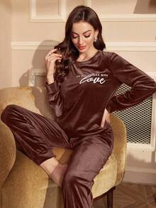 SHEIN Contrast Color Letter Embroidery Casual Velvet Sweatshirt And Pants Set, Winter Clothes, Cozy - Brown - View 4