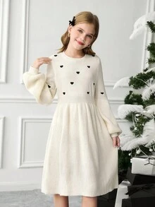 SHEIN 青少年女孩休闲时尚百搭针织心形刺绣灯笼袖腰部收紧长袖连衣裙，适合周末、休闲外出、返校、万圣节、圣诞节、新年 - 米色 - 查看 9