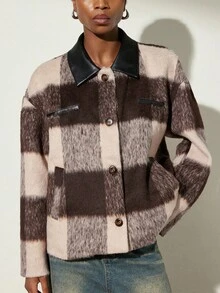Aveloria Modichic Jaket Wol Kotak-kotak Motif Kotak-kotak dengan Saku Kerah dan Dekorasi PU untuk Komuter, Gaya Chic. - MultiWarna - View 3