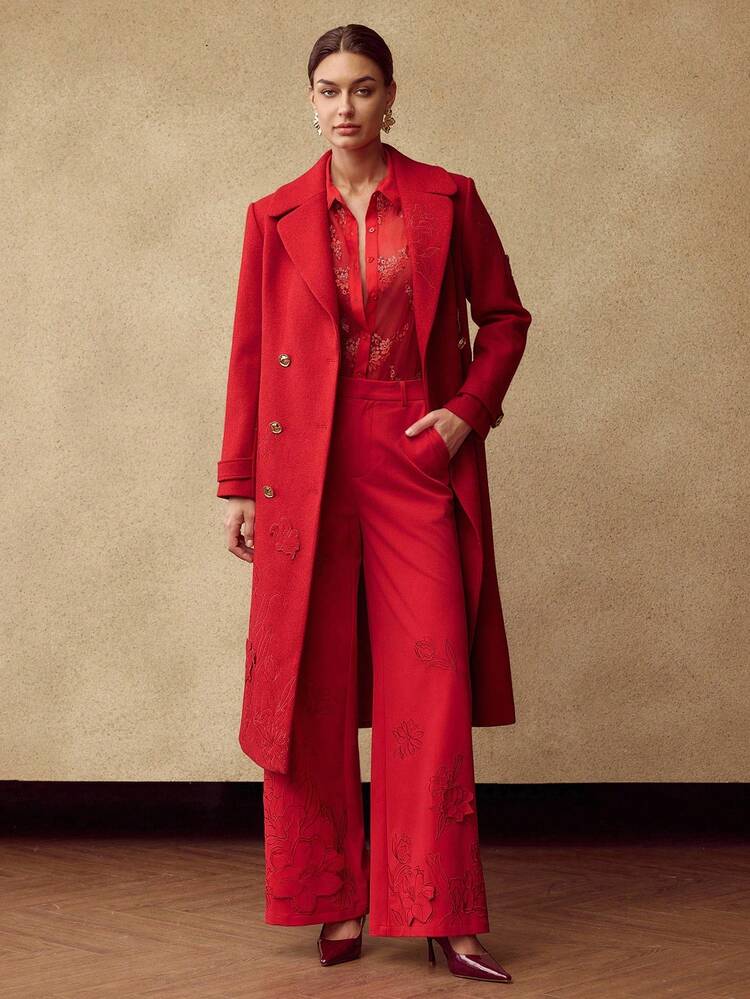 WOMEN'S FLORAL EMBROIDERED WIDE LEG PANTS, AUTUMN/WINTER