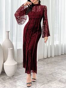 Modelyn Women's Stand Collar Flare Sleeve Lace Elegant Long Arabic Style Dress Long Evening Dresses