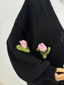 Sweetra 加大码女针织衫纯色针织开衫休闲优雅设计感手工编织郁金香花朵单排扣宽松休闲毛衣长袖外套女外套女大衣针织衫秋冬修身长袖针织衫女针织衫 - 黑色 - 查看 5