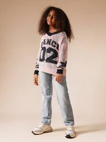 SUMWON Pulover grafic cu model varsity, design numeric, garnitură cu nervuri, croială lejeră, toamnă-iarnă, casual, confortabil, ținută de casă, jerseu tricotat - Roz - Vizualizare 5
