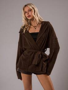 TRNVIE 1pc Women's Loose Fit Brown Hooded Coat, Open Front, Double Breasted, Cinched Waist Waist, Casual Style, Autumn/Winter - Coffee Brown - View 4