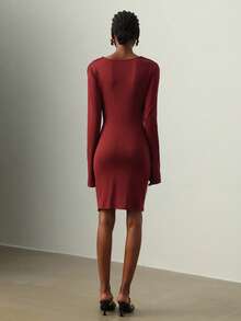 Vesra Rochie elegantă și sexy din tricot, cu mânecă lungă, retro, plisată, toamnă/iarnă, potrivită pentru mai multe ocazii - roșu - Vizualizare 2