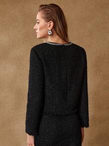 MOTF PREMIUM TWEED CONTRAST SEQUIN RHINESTONE TRIM BLOUSE - Black - View 4