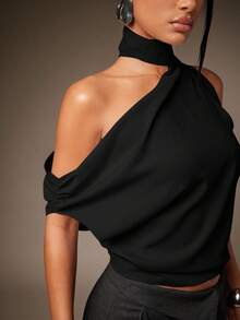 Hauture Sexy Mob Wife Party Casual One Shoulder Neck Scarf Ruched Blouse Top - Black - View 4