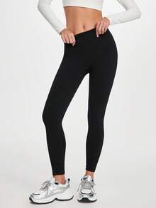 SHEIN Sports 高腰无缝紧身健身紧身裤，吸湿排汗，有弹性，防下蹲，适合锻炼、跑步、瑜伽 - 黑色 - 查看 1