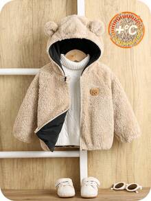 SHEIN 男婴双面连帽加厚羽绒服，保暖内衬，柔软舒适，休闲百搭印花外套，适合室内、室外、日常、运动、玩耍、聚会、拍照、秋冬季节等各种场合。幼儿冬季外套，男婴外套，男婴冬季外套，双面外套，小熊图案外套。 - 黑色 - 查看 5