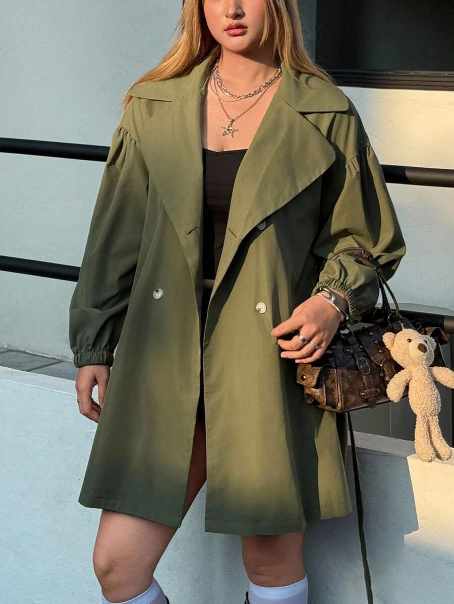 SHEIN EZwear Áo gió thường ngày cổ trễ vai màu trơn cỡ lớn cho nữ tay dài cài hai hàng khuy - xanh quân đội - Xem 1