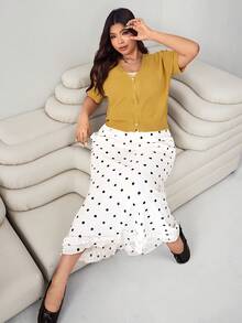 SHEIN EZwear Áo len cardigan dệt kim đơn hàng ngày cổ chữ V tay ngắn màu trơn cỡ lớn dành cho nữ, mùa thu - Màu vàng - Xem 3
