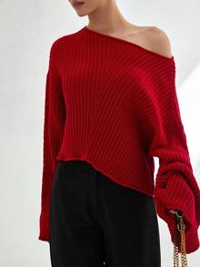 EURMUSE Woman Solid Color Boat Neck Rib Knit Long Sleeve Sweater,Jumper,Cream Jumper,Jumpers For Women,Jumpers,Black Jumper,Womens Jumper,White Jumper,Women's Jumper,Women's Jumpers,Winter Clothes - Red - View 6