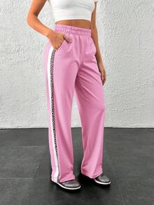 EURMUSE Women's Streetwear Leopard&White Shell Fabric Side Tape Wide Leg Sweatpants Going Out Sets Fleece - Pink - View 3