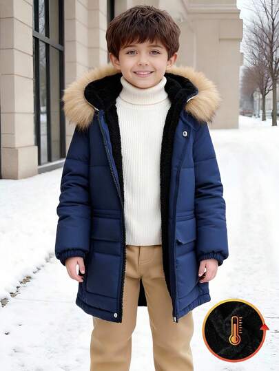 1 件装小男孩儿童休闲纯色海军蓝长袖连帽宽松棉质夹克，新款秋冬开学季