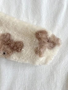 2 件套女婴可爱卡通熊印花羊毛开衫和裤子套装，时尚彼得潘领口袋设计，长袖，秋冬家居服