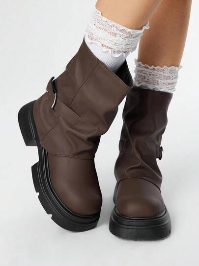 Grunge Punk Women's Brown-Green Buckle Round Toe Mid-Calf Boots, Casual Street Punk Campus Style