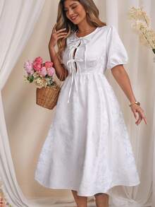 SHEIN LUNE Plus Size Women Elegant Versatile Hollow Out Neck Jacquard Fabric A-Line Dress With Puff Sleeves, Suitable For Everyday & Holiday Wear - White - View 1