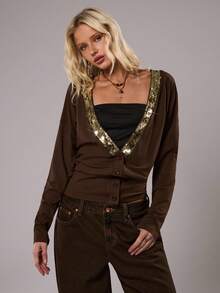 TRNVIE 1pc Women's Shiny V-Neck Long Sleeve Lightweight Jacket, Suitable For Party, Daily Wear, Commuting, Autumn/Winter, Brown - Brown - View 6