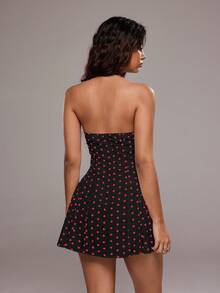 TRNVIE 女式性感波尔卡圆点印花露背挂脖迷你连衣裙，夏季 - 黑色 - 查看 2