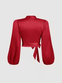 SHEIN MOD 大码女式纯色裹身领带蝴蝶结灯笼袖衬衫 - 紅色 - 查看 2