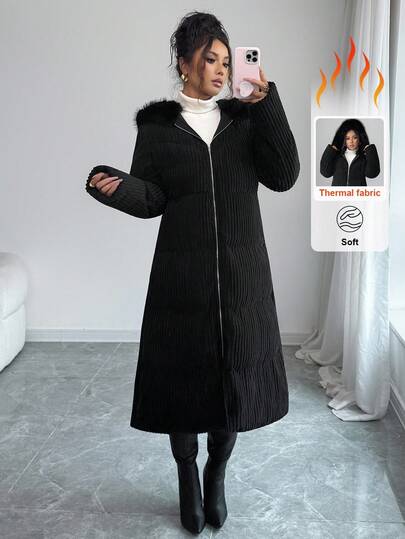 Elenzga 标准尺寸女式蓬松拼接连帽束腰 A 字形灯芯绒长款夹棉大衣，秋冬