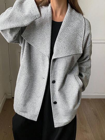 DAZY 女士纯色人字形宽松翻领长袖优雅复古厚羊毛混纺大衣，秋冬夹克