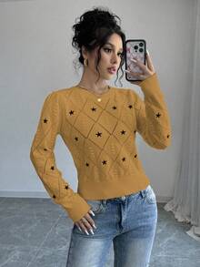 EMERY ROSE Áo len thêu hình ngôi sao thường ngày dành cho nữ, Thu/Đông - Màu Mù tạt vàng - Xem 6