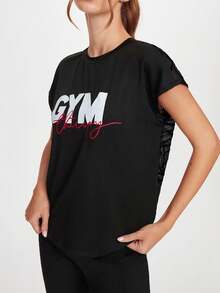 Gameset SHEIN Sport 女士瑜伽运动户外透明植绒网眼拼接短袖运动T恤 - 黑色 - 查看 4