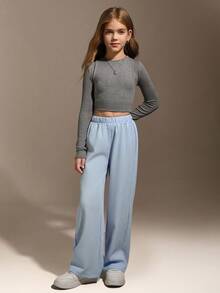 Hanevo Tween Girl 1pc Textured Fabric White Casual Comfortable Long Pants, Summer New Arrival - Mint Blue - View 3