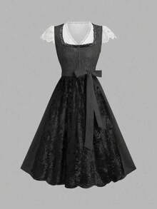 Fairmaia Elegant Lace Trim Bow German Traditional Outfit - Black - View 1
