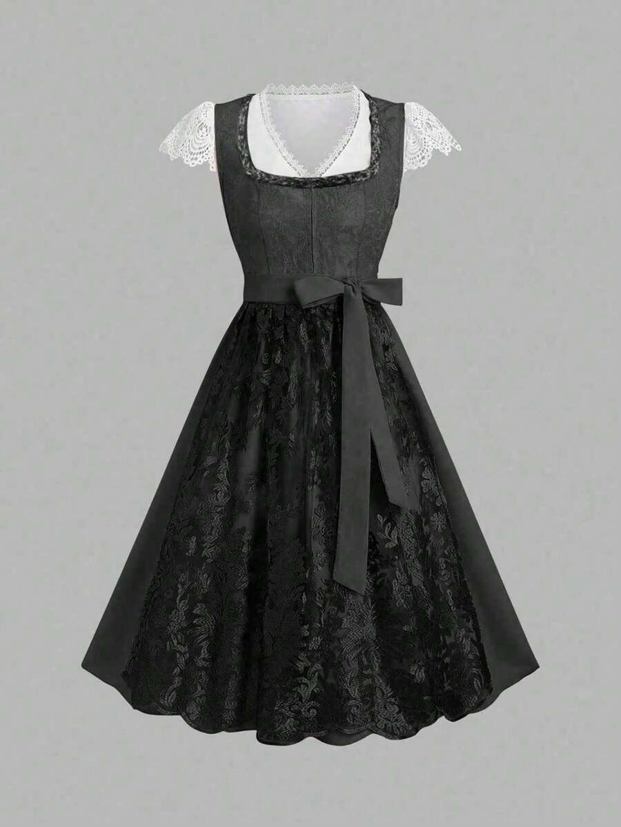 Fairmaia Elegant Lace Trim Bow German Traditional Outfit - Black - View 1