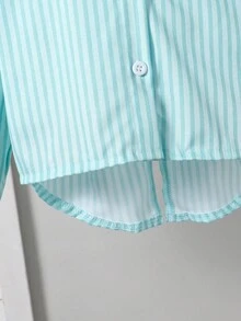 SHEIN 女童休闲时尚经典条纹梭织衬衫，背面饰有可爱蝴蝶结，宽松舒适，适合春夏秋冬、日常、通勤、户外、派对、拍照 - 綠色 - 查看 7