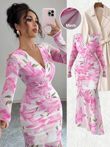 Selianne Váy ôm sát tay dài họa tiết hoa thanh lịch, cổ chữ V, eo nhún, viền đuôi cá, mẫu mới cho mùa thu trở lại trường - Hồng - Xem 3