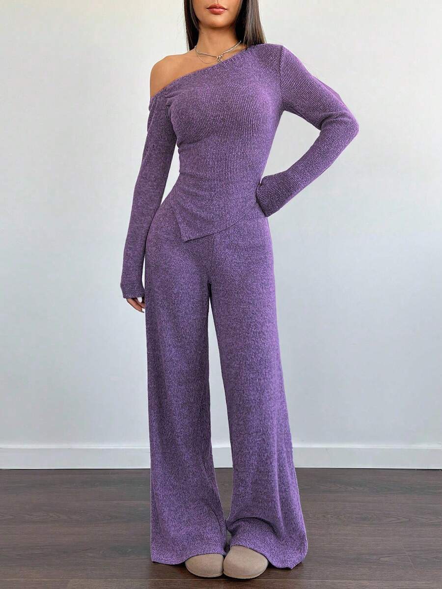 Flirla Women's Asymmetrical Shoulder Plush T-Shirt + Wide Leg Low Waist Pants 2 Pieces Set, Casual Home Wear For Winter - Dusty Purple - View 1