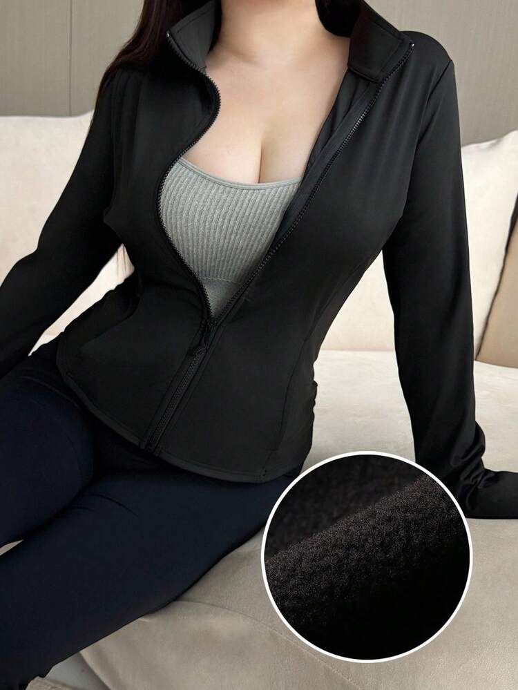 Dazy Plus Thermal Lined Zip-Up Cardigan, Slim Fit, Plus Size Women Outerwear, Autumn Jacket Thermal Lined,Winter Women Coats