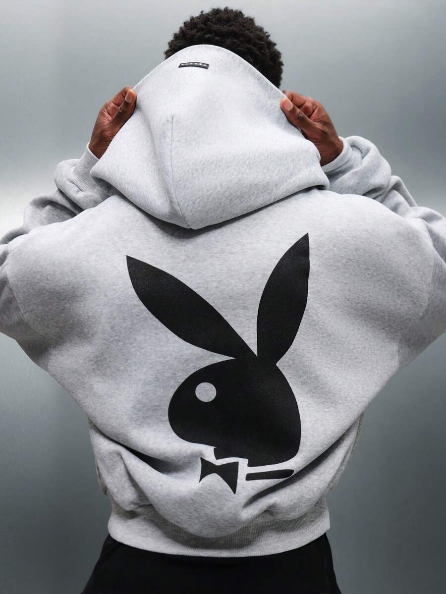 PLAYBOY X SUMWON 短款兔子标志连帽衫街头经典套头运动衫时尚图形印花都市冬季秋季必备家居服个性单品 - 灰色 - 查看 1